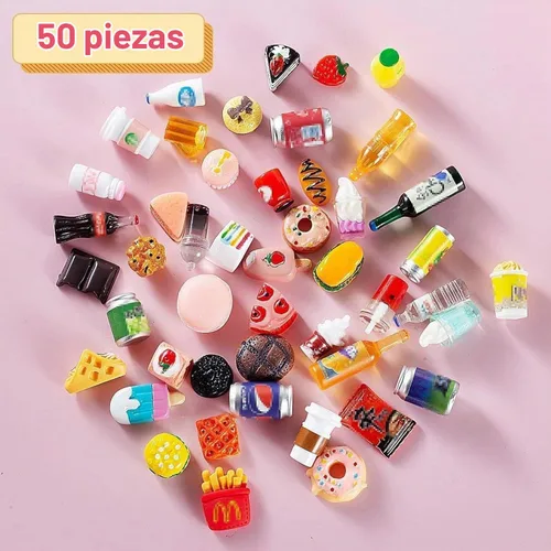 Vista 4 de 50 piezas de botellas en miniatura de comida y bebida, latas de refresco, accesorios de juego de cocina de simulación, juguetes de Hamburgo, pastel