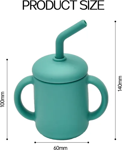 Vista 2 de Paquete de 2 tazas para beber 100% silicona para bebé, taza pequeña de entrenamiento de silicona con asas y popote para bebés y niños pequeños verde