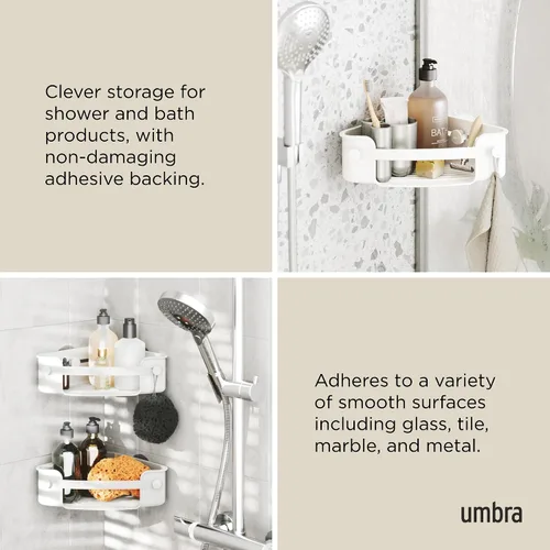 Vista 4 de Umbra Estante de esquina de ducha adhesivo flexible para baño, color blanco