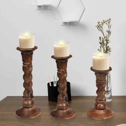 Vista 19 de Juego de 3 candelabros de pilar de madera de granja - Portavelas altos rústicos hechos a mano para decoración del hogar, centros de mesa, bodas