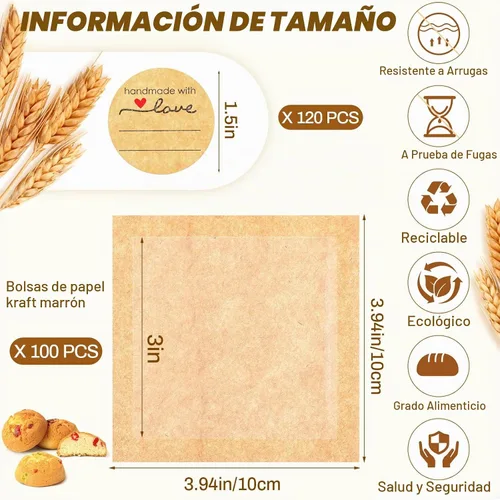 Vista 2 de Outus 100 bolsas de empaque para galletas con sello, bolsas de panadería de 3 x 3 pulgadas con ventana, papel resistente a la grasa termosellable