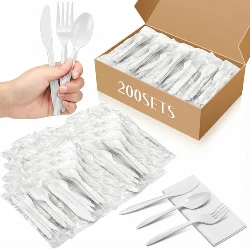 Vista 8 de Uiifan 1 juego de cubiertos de plástico envueltos individualmente, cubiertos desechables a granel, tenedor, cuchara, servilleta kit para salón