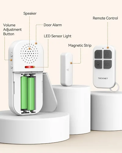 Vista 7 de TECKNET Alarma de puerta inalámbrica con control remoto, sensor de puerta de 130 dB con flash LED, 4 modos de alerta y 5 volúmenes ajustables