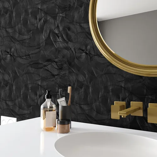 Vista 5 de VaryPaper Papel tapiz moderno con textura negra, para despegar y pegar, diseño geométrico en espiral, para dormitorio, baño, extraíble