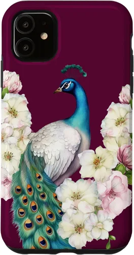 Vista 8 de iPhone 16 Peacock Bird with Long Feathers Watercolor Flowers Case