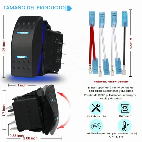 Vista 4 de Interruptor basculante impermeable de encendido y apagado de 12 V/20 A 24 V/10 A 7 pines DPDT luz LED azul, con cables de puente para barco