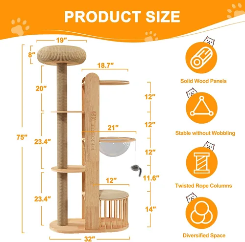 Vista 2 de Árbol de gato de 75 pulgadas para gatos de interior grandes y adultos, torre moderna de escalada para gatos grandes, poste alto para gatos, acogedor