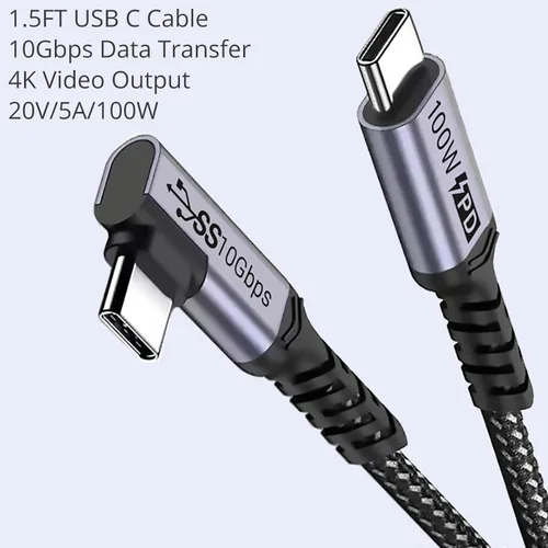 Vista 8 de Cable USB C corto de 100W 3.1 ángulo recto [1.5 pies, 2 paquetes], carga rápida de 5A, cables con chip E-Marker de datos de alta velocidad 10Gbps