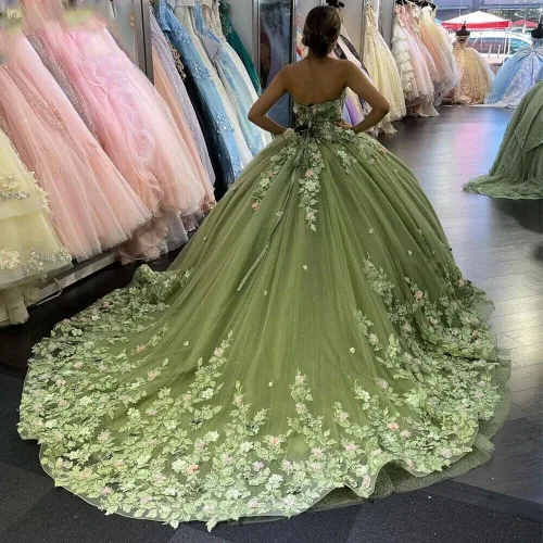 Vista 2 de XYAYE Vestidos de quinceañera de novia para mujer, vestidos de baile de flores en 3D, vestido de fiesta de encaje, sin tirantes, de tul dulce 15 16