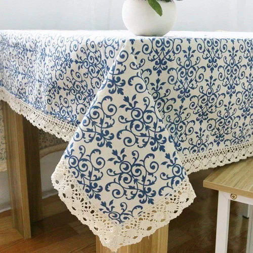 Vista 7 de Bringsine Mantel de lino de algodón, tela vintage de damasco azul marino, mantel de encaje decorativo para cena, picnic, decoración del hogar