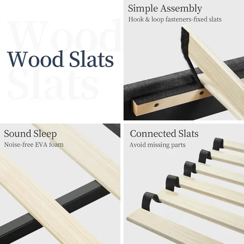 Vista 8 de Topeakmart Base de cama tapizada con cabecera de diseño de alas y base de colchón, soporte de listones de madera, no necesita somier