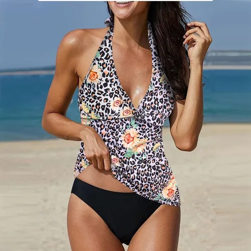 Vista 2 de Traje de baño con estampado para mujer, tirantes ajustables, espalda descubierta, transparente, traje de baño