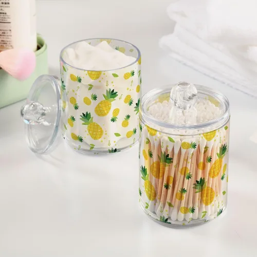 Vista 5 de Paquete de 2 tarros de boticario para baño, verano, piña, Qtip, recipiente de almacenamiento de plástico transparente con tapa para bola de algodón