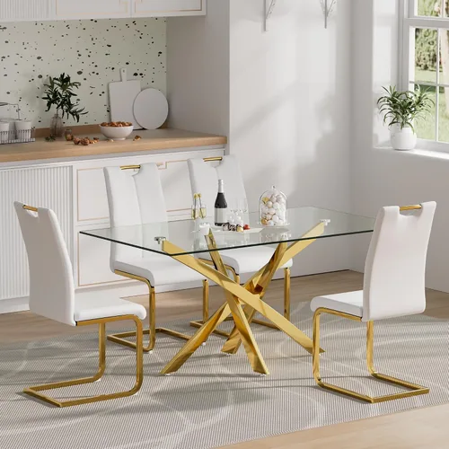 Vista 11 de Juego de mesa de comedor de cristal para 4, juego de mesa de cocina moderno de 5 piezas 52''Rectangular Glass Dining Set with 4 PU Leather