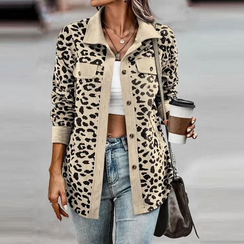 Vista 6 de Ropa de Invierno para mujer, chaqueta de botones de grano de leopardo, chaqueta casual suelta de forro polar, abrigo