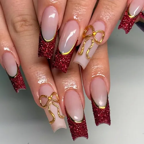 Vista 21 de Uñas postizas a presión con punta francesa cuadrada larga con arco 3D, diseños de línea de copo de nieve, uñas de invierno, uñas a presión