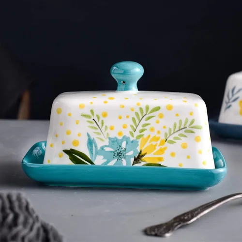 Vista 3 de Wisenvoy Mantequillera de cerámica con tapa con tapa para mantequilla con tapa para encimera de mantequilla de flores
