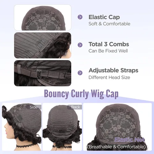 Vista 7 de Pelucas de cabello humano corto rizado Bob peluca para mujeres negras, sin encaje, peluca rizada grande con flequillo, corte pixie, pelucas Negro