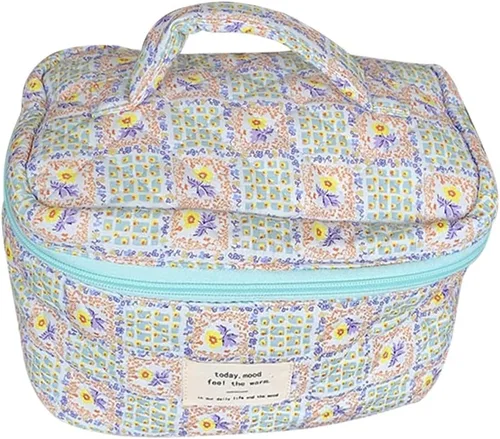 Vista 9 de Bolsa de cosméticos de viaje, bolsa de maquillaje de algodón, bolsa de aseo acolchada con hermoso patrón floral, bolsa de cosméticos de gran 04-C