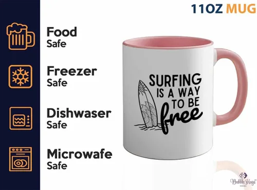Vista 3 de Surfing Two Tone Pink Edition Taza de café de 11 oz – Surfing is free A – Surfing is free A – Surfing is free A – Surfing ing Enthusiast Gifts Water