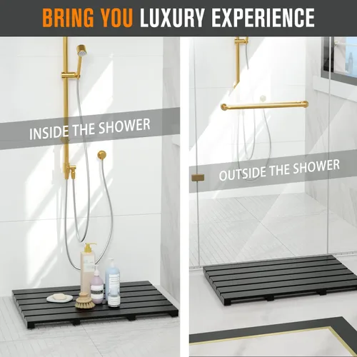 Vista 2 de Tapete de baño para ducha de lujo, antideslizante, de madera de bambú, impermeable, para uso en interiores o exteriores (negro)