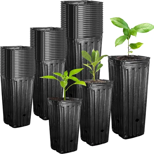 Vista 9 de RunNico 50 piezas de macetas de plástico profundas para vivero, macetas de árbol de 30 cm de alto, macetas de contenedor de plántulas negras