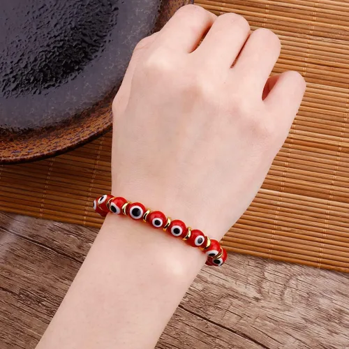 Vista 3 de Pulseras de mal de ojo para mujer con cuentas hechas a mano, pulsera elástica dorada para niñas