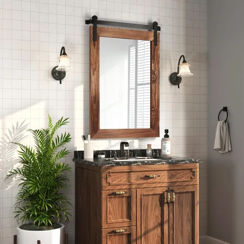 Vista 44 de COGOOD Espejo de puerta de granero de granja, 25 x 18 pulgadas, espejo decrativo con marco de madera rústica para baño, sala de estar, decoración