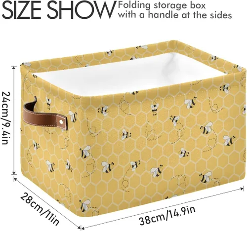 Vista 3 de Cesta de almacenamiento en cubo amarillo con peine de abeja y miel, caja de almacenamiento plegable grande para juguetes, organizador de lavandería