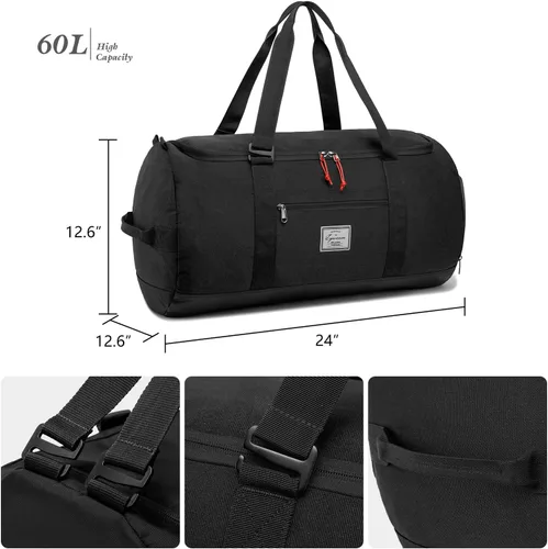 Vista 5 de Lyweem Bolsa de viaje para hombres, 60L, bolsa de lona deportiva, de gran tamaño, bolsa de fin de semana, bolsa de noche para mujeres