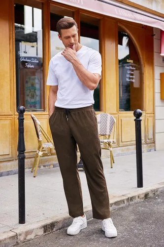 Vista 4 de COOFANDY Pantalones casuales de pana para hombre, pantalones elásticos con cintura elástica ajustable