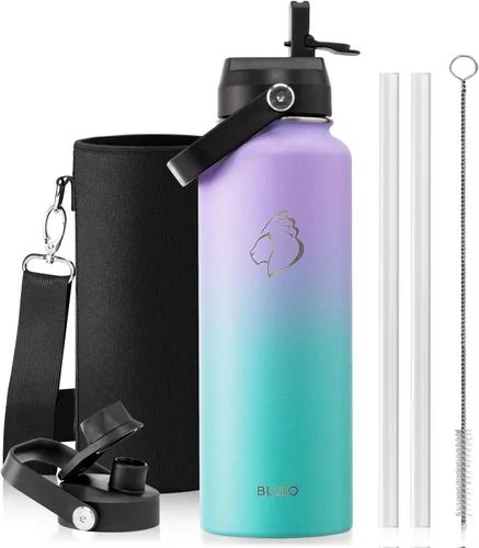 Vista 48 de BUZIO Botella de agua aislada de 24 oz, frasco de agua de boca ancha de acero inoxidable con tapa de pajita, frío durante 48 horas a prueba de Negro