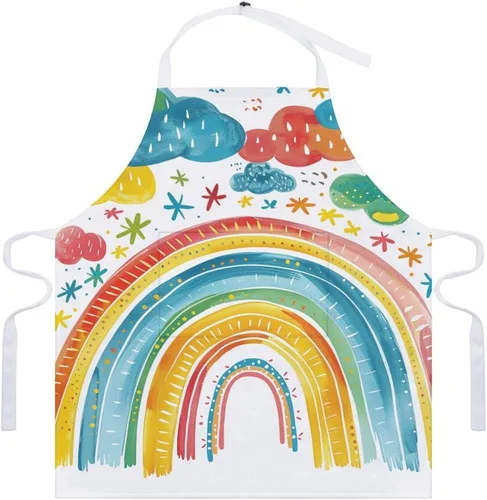 Vista 7 de MUSM Apron for Adults - 27.6 X 31.5 Inch, Heavy-Duty Polyester Aprons with Two Large Pockets, Waterproof Rainbow Outline Art Kitchen Apron for