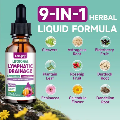 Vista 3 de Gotas de drenaje linfático liposomal, suplementos de drenaje linfático 9 en 1 para desintoxicación y limpieza, con equinácea, diente de león, saúco