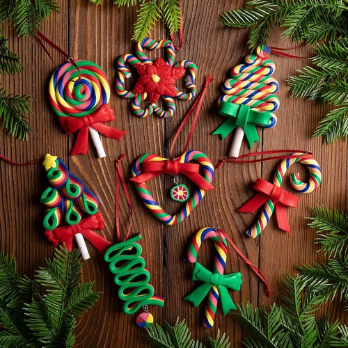 Vista 4 de Codree 8 piezas de adornos de piruleta de bastón de caramelo arcoíris - Adornos colgantes de arcilla polimérica para árbol de Navidad, fiesta