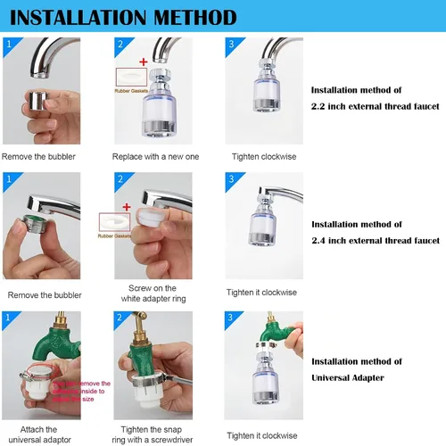 Vista 6 de PCTC Filtro de fregadero de baño, filtro de grifo de baño, filtro giratorio de 360 grados, purificador de cocina, flúor, metales pesados y agua dura