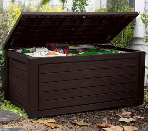 Vista 2 de Caja de almacenamiento de cubierta de resina resistente a la intemperie de 165 galones para muebles de jardín, de patio, color marrón.