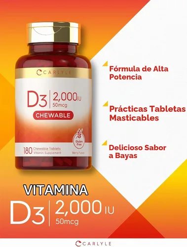 Vista 4 de Carlyle Vitamina D3 masticable 2000 UI (50mcg) 180 tabletas masticables