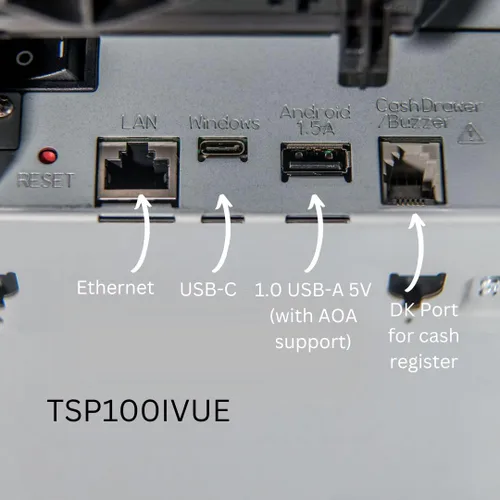Vista 3 de Star Micronics TSP143IVUE USB/Ethernet (LAN) Impresora térmica de recibos con Android Open Accessory (AOA), CloudPRNT, cortador y fuente de Gris