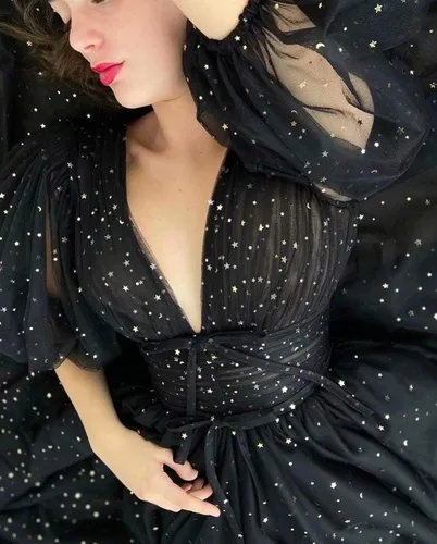 Vista 4 de Xijun - Vestidos de tul estrellado brillante para mujer, acampanados, con manga abombada y abertura, de estilo formal, para graduación, eventos