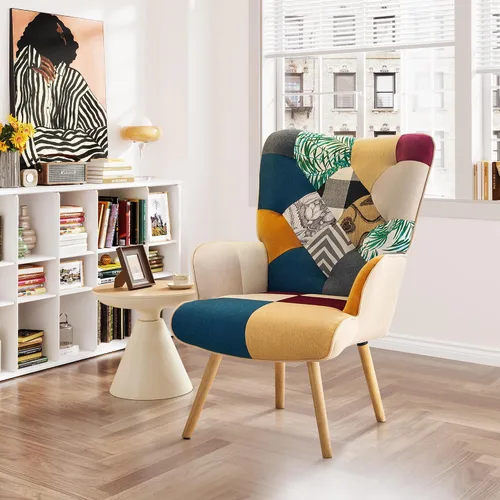 Vista 4 de Silla de Acento, Silla de Sala de Estar, Sillón Moderno de Respaldo Alto, Sillas de Lectura de Patchwork Colorido para Dormitorio, Silla de Descanso