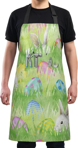 Vista 4 de Delantal con diseño de huevos de conejo de Pascua en acuarela para mujeres y hombres, delantal de cocina con cuello ajustable y bolsillos grandes