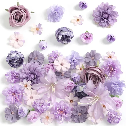 Vista 13 de rongflower Cabezas de flores falsas para manualidades, rosas artificiales de seda negra, peonías, margaritas y cabezas florales (paquete de 48)