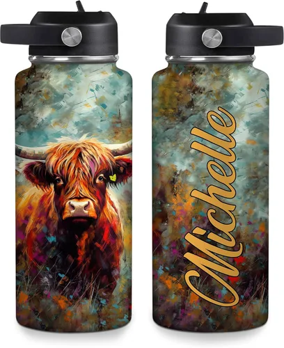 Vista 14 de Hyturtle Botella de agua personalizada de vaca Highland, botella de acero inoxidable aislada con tapa a prueba de fugas, 18 onzas, 32 onzas, regalo