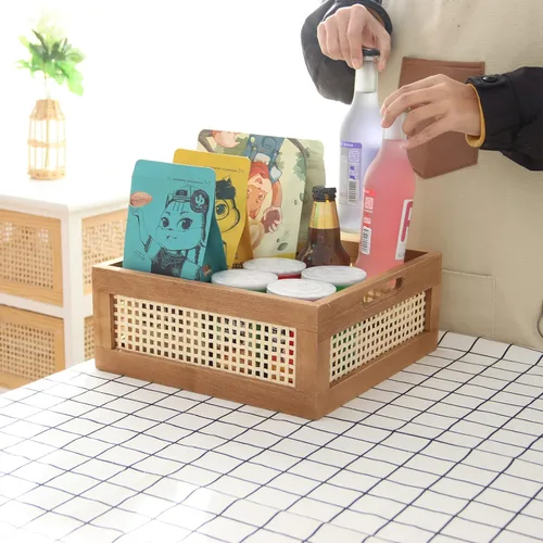 Vista 6 de YAHUAN Cesta de madera tejida de madera para almacenamiento, cesta de bambú con asas integradas para despensa de cocina, gabinete, oficina