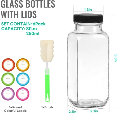 Vista 2 de Botellas de jugo de vidrio de 8 onzas con tapas, paquete de 6, botellas