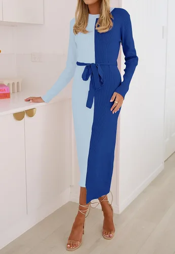 Vista 2 de ZESICA Vestido de punto acanalado para mujer, elegante vestido de manga larga con cuello redondo y lazo en la cintura, ajustado, vestido midi