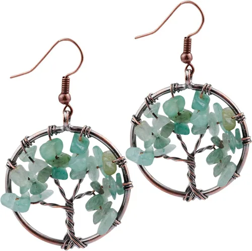 Vista 10 de SUNYIK - Aretes para mujer estilo retro, con piedras en forma de el árbol de la vida. Rosado