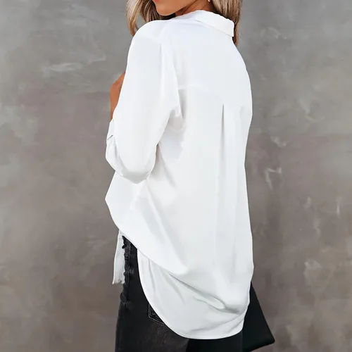 Vista 4 de Blusas para mujer, a la moda de otoño 2022, camisas de manga larga con cuello abotonado, camisetas lisas y elegantes, estilo casual