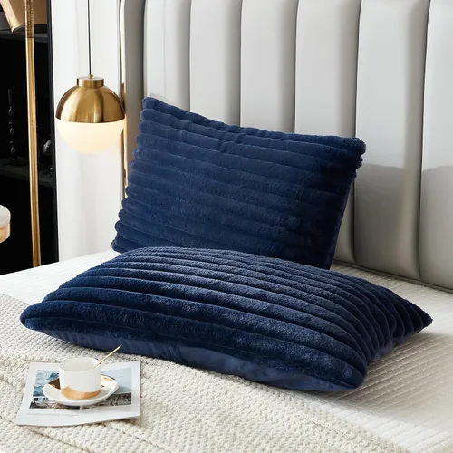 Vista 26 de Juego de 2 fundas de almohada para cama tamaño king, fundas de cojín rectangulares lumbares con diseño de rayas, forro de piel de conejo sintética